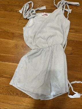 Pink Lily White Romper with Navy Pinstripes
